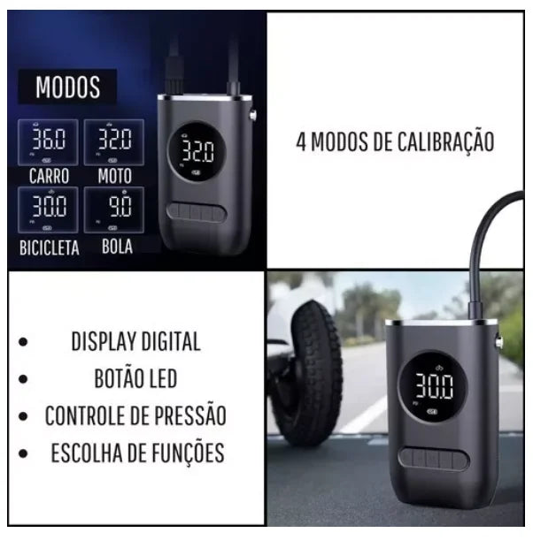 Calibrador Compressor Digital Portátil Pneu Carro Bike S/Fio recarregável Lanterna